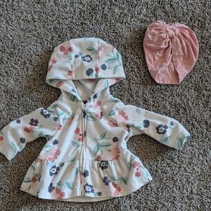 Carter's Baby Girl Floral Hooded Baby Jacket And Pink Headband Size 6 Months